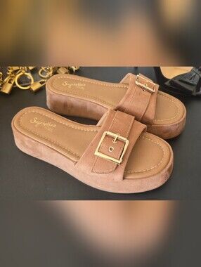 Seychelles Amber Buckle Suede Slide Sandals - Tan Nwot 7.5